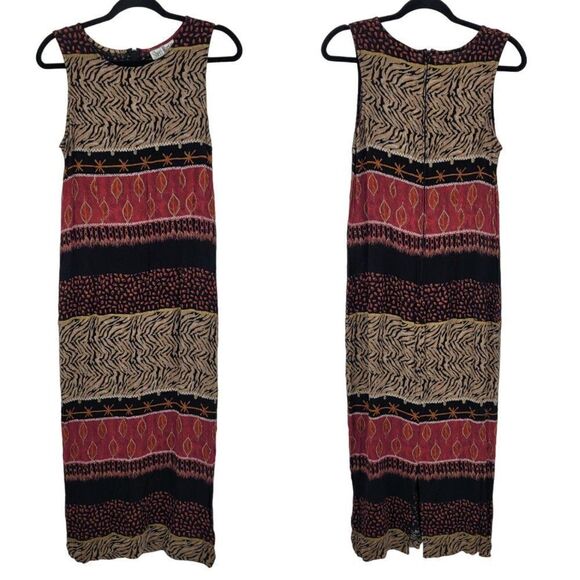 Vintage 80s Sherri Martin Crinkle Rayon Pencil Maxi Dress M Brown Red Animal - Picture 10 of 10